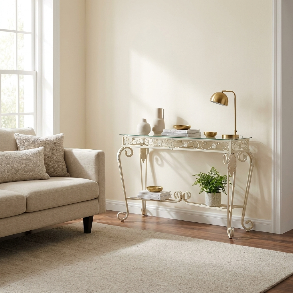 Modern Two-Tier Glass Console Table, White Metal Frame for Hallway styled in a room
