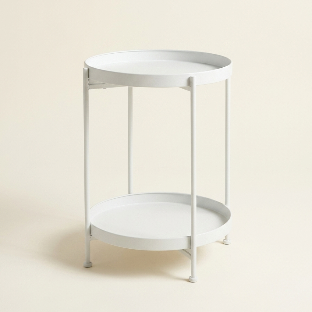 Round Two-Tier Metal Tray Side Table, White, Gold, or Black, for Living Room
