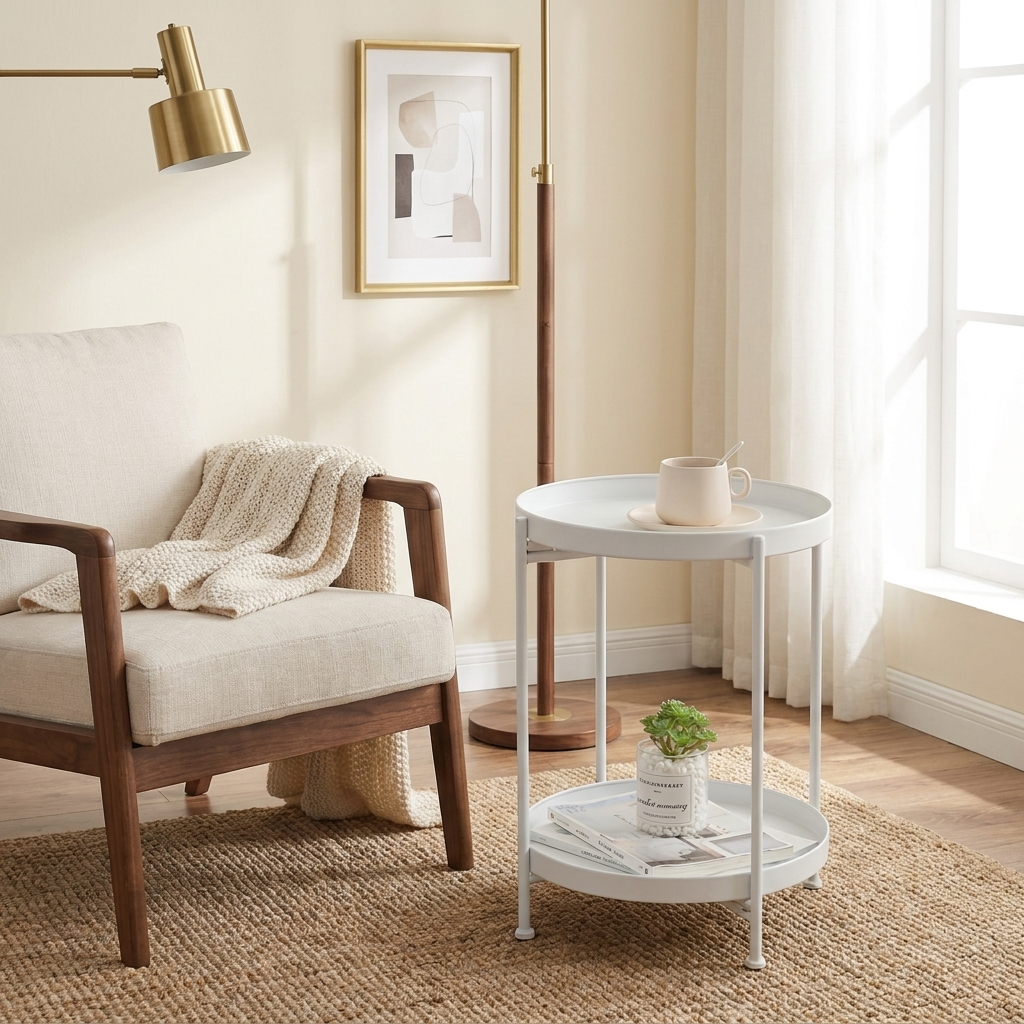Round Two-Tier Metal Tray Side Table, White, Gold, or Black, for Living Room styled in a room