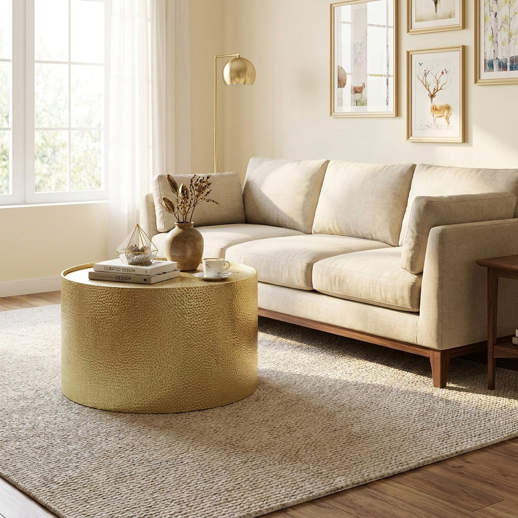 Lift-Top Coffee Table with Tempered Glass Top and Storage Shelf, Gold Metal Frame for Living Room styled in a warm modern interior