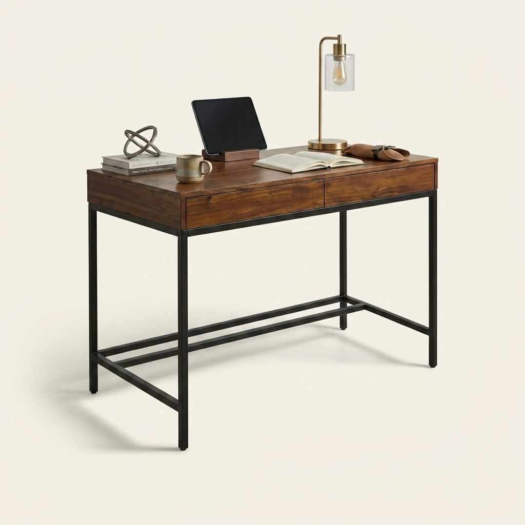 Wooden Console Table with Black Metal Frame, 2-Tier Open Shelf, Natural Wood Top for Entryway