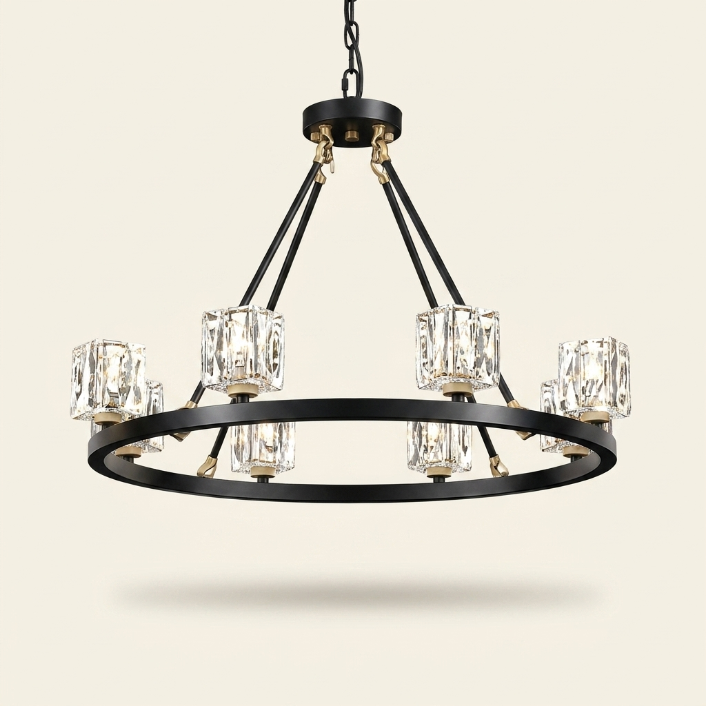 Farmhouse Wagon Wheel Chandelier, 8-Light Black Metal, Crystal Accents, for Foyer