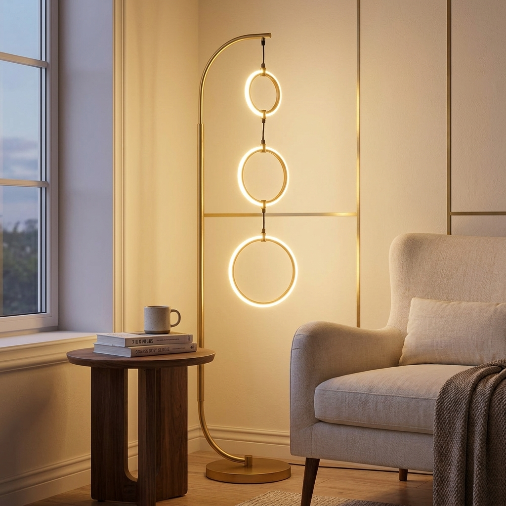 Modern 3-Circle LED Floor Lamp, Dimmable, 3 Color Temperatures styled in a room