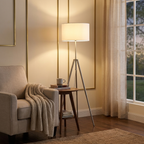 Mid-Century Adjustable Tripod Floor Lamp, Chrome Metal Finish, 47-64 in. styled in a room