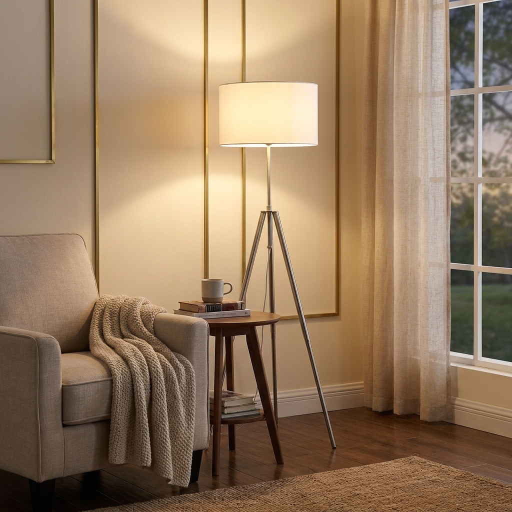 Mid-Century Adjustable Tripod Floor Lamp, Chrome Metal Finish, 47-64 in. styled in a room