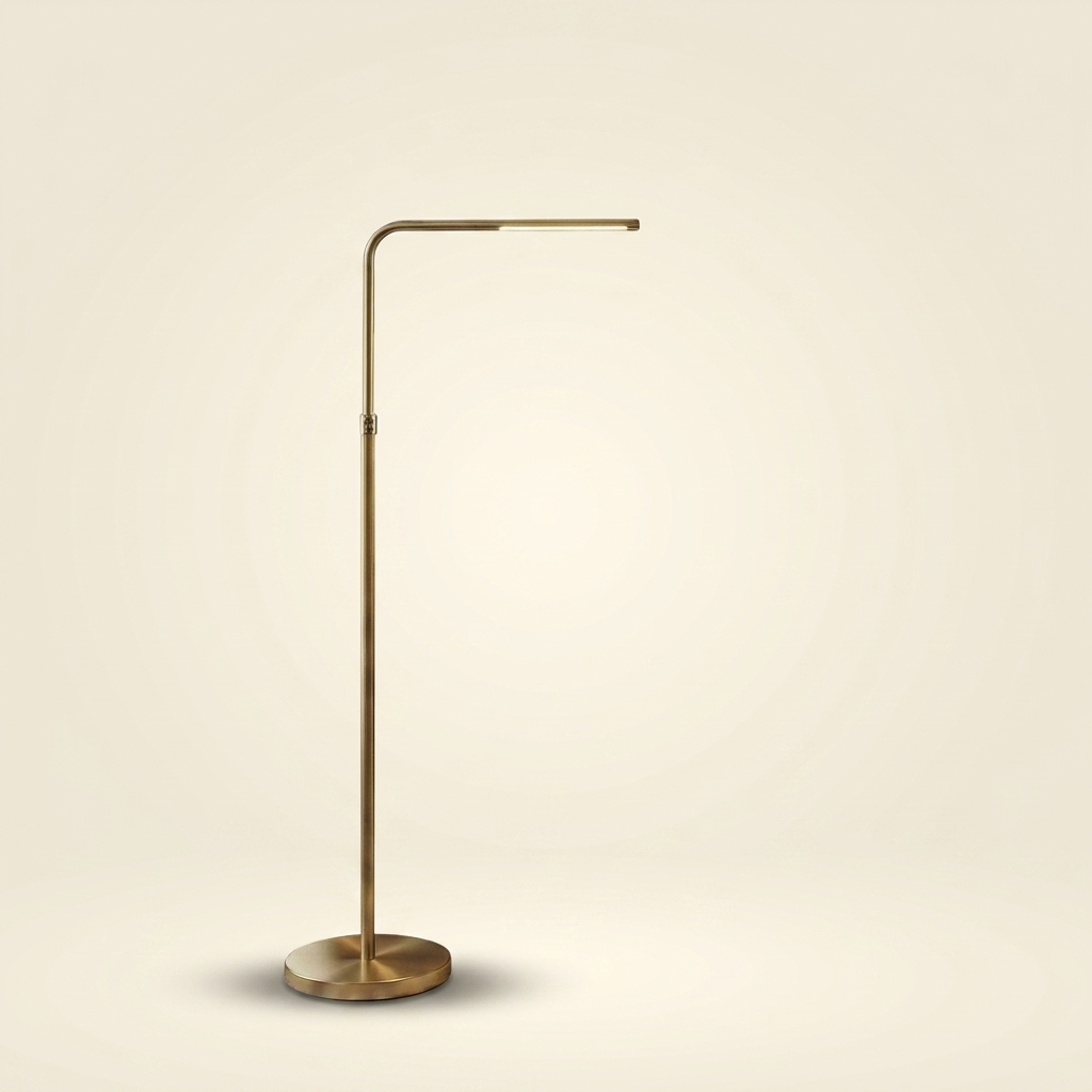 Brass Gold LED Floor Lamp, Adjustable Light, Round Metal Base