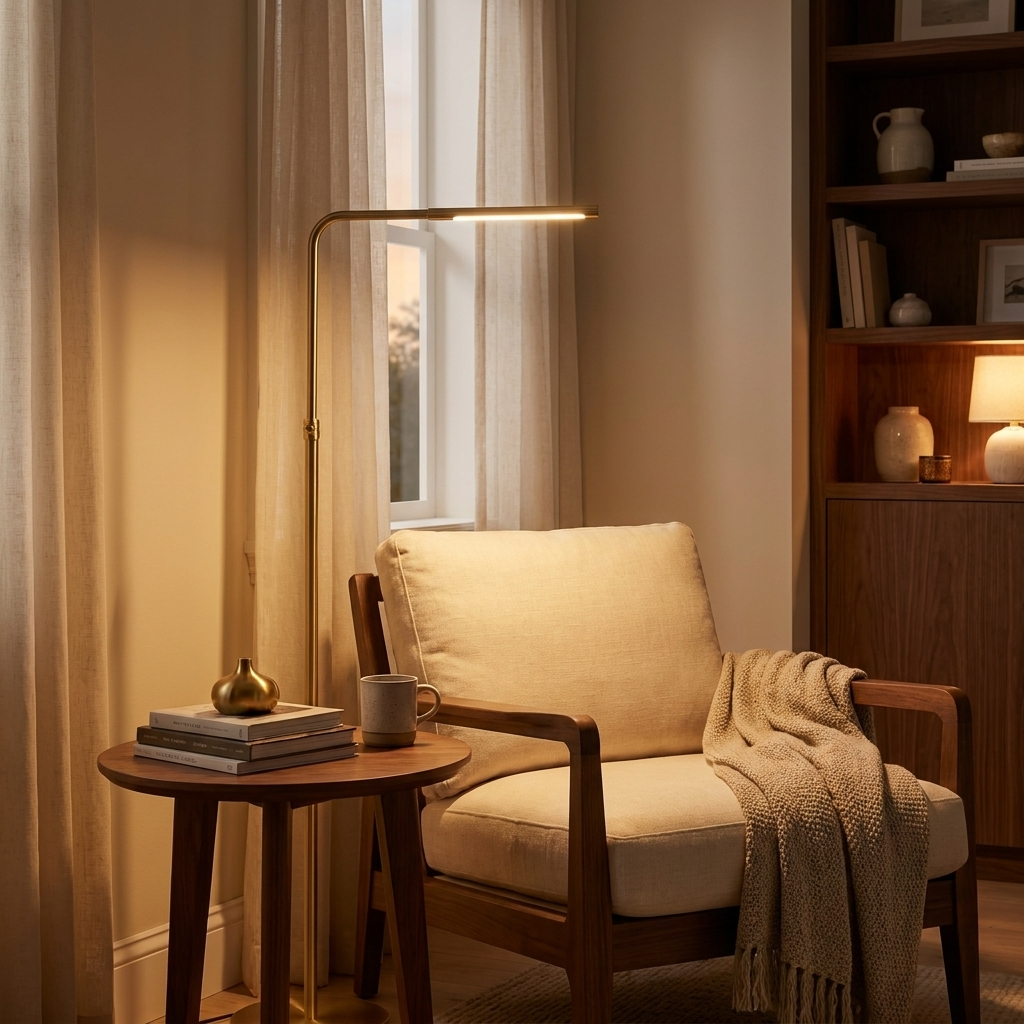 Brass Gold LED Floor Lamp, Adjustable Light, Round Metal Base styled in a room