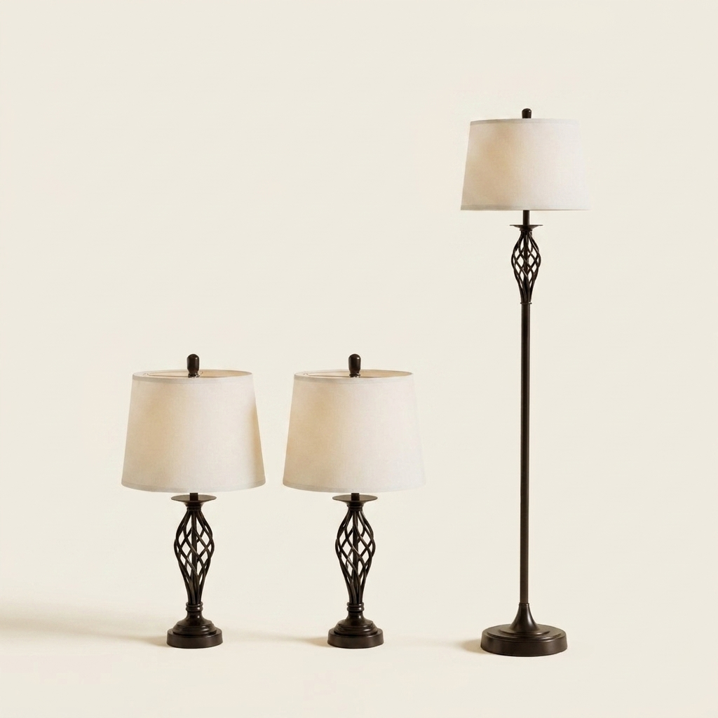 Vintage Metal Table & Floor Lamp Set, White Fabric Shade, Set of 3
