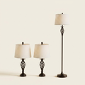 Vintage Metal Table & Floor Lamp Set, White Fabric Shade, Set of 3