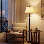 Vintage Metal Table & Floor Lamp Set, White Fabric Shade, Set of 3 styled in a room