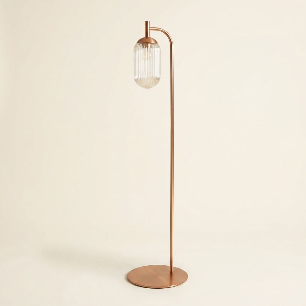 Classic Modern Floor Lamp, Upward Lighting Design, Bronze & Clear Finish styled in a room
