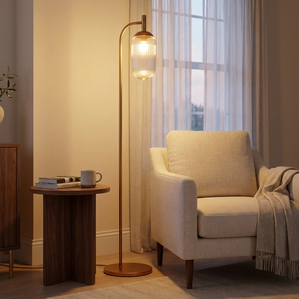 Classic Modern Floor Lamp, Upward Lighting Design, Bronze & Clear Finish styled in a room