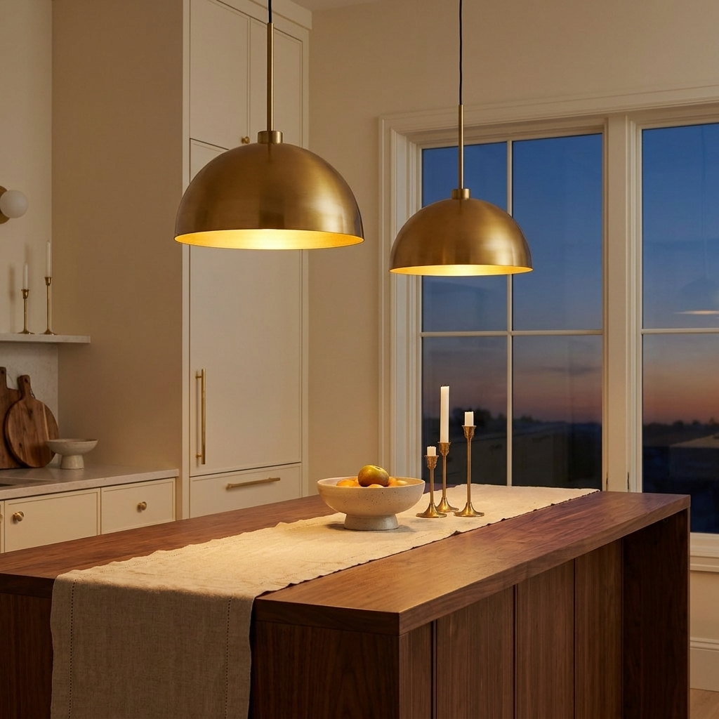 Industrial Modern Double Pendant Light with Adjustable Cord, Copper Finish, 41 in. styled in a room
