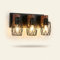 Industrial 3-Light Wall Sconce, Black Cage with Wooden Accents, Walnut and Black, 18 in., for Hallway