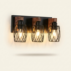 Industrial 3-Light Wall Sconce, Black Cage with Wooden Accents, Walnut and Black, 18 in., for Hallway