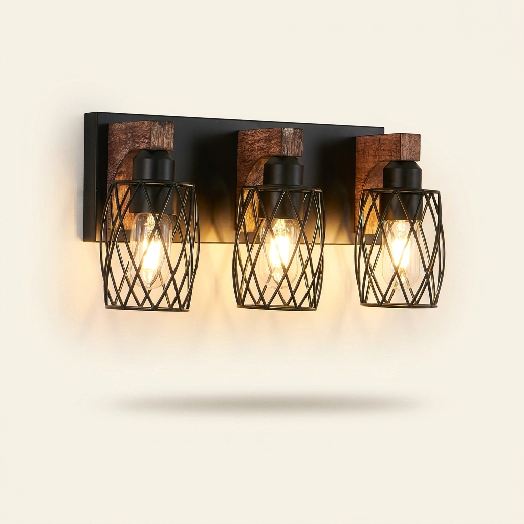 Industrial 3-Light Wall Sconce, Black Cage with Wooden Accents, Walnut and Black, 18 in., for Hallway styled in a room