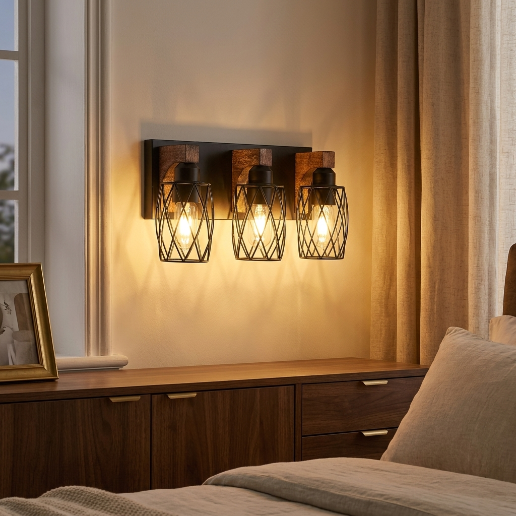 Industrial 3-Light Wall Sconce, Black Cage with Wooden Accents, Walnut and Black, 18 in., for Hallway styled in a room