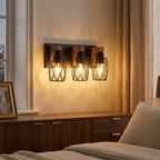 Industrial 3-Light Wall Sconce, Black Cage with Wooden Accents, Walnut and Black, 18 in., for Hallway styled in a room