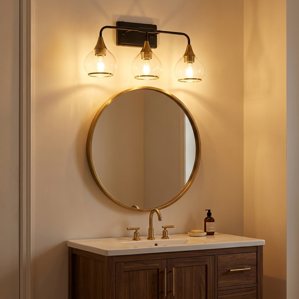 Modern 3-Light Vanity Wall Sconce, Clear Glass Shades, Black and Gold, 23 in., for Bathroom styled in a room