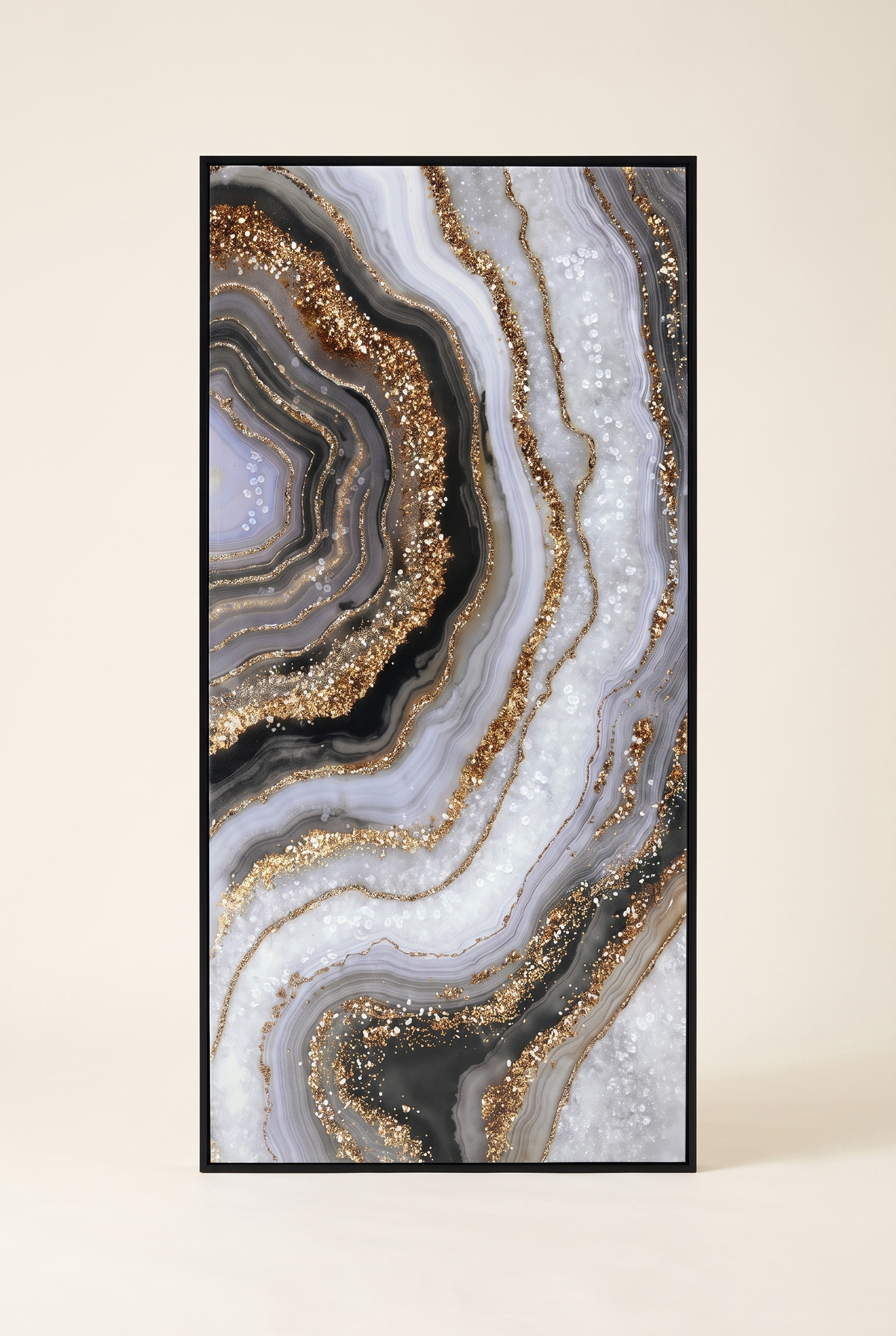 Black and gold abstract agate framed wall art, tall rectangular