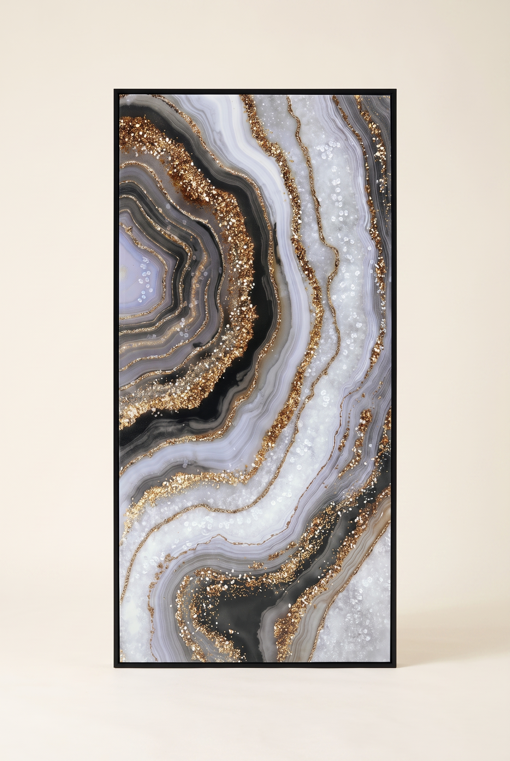 Black and gold abstract agate framed wall art, tall rectangular