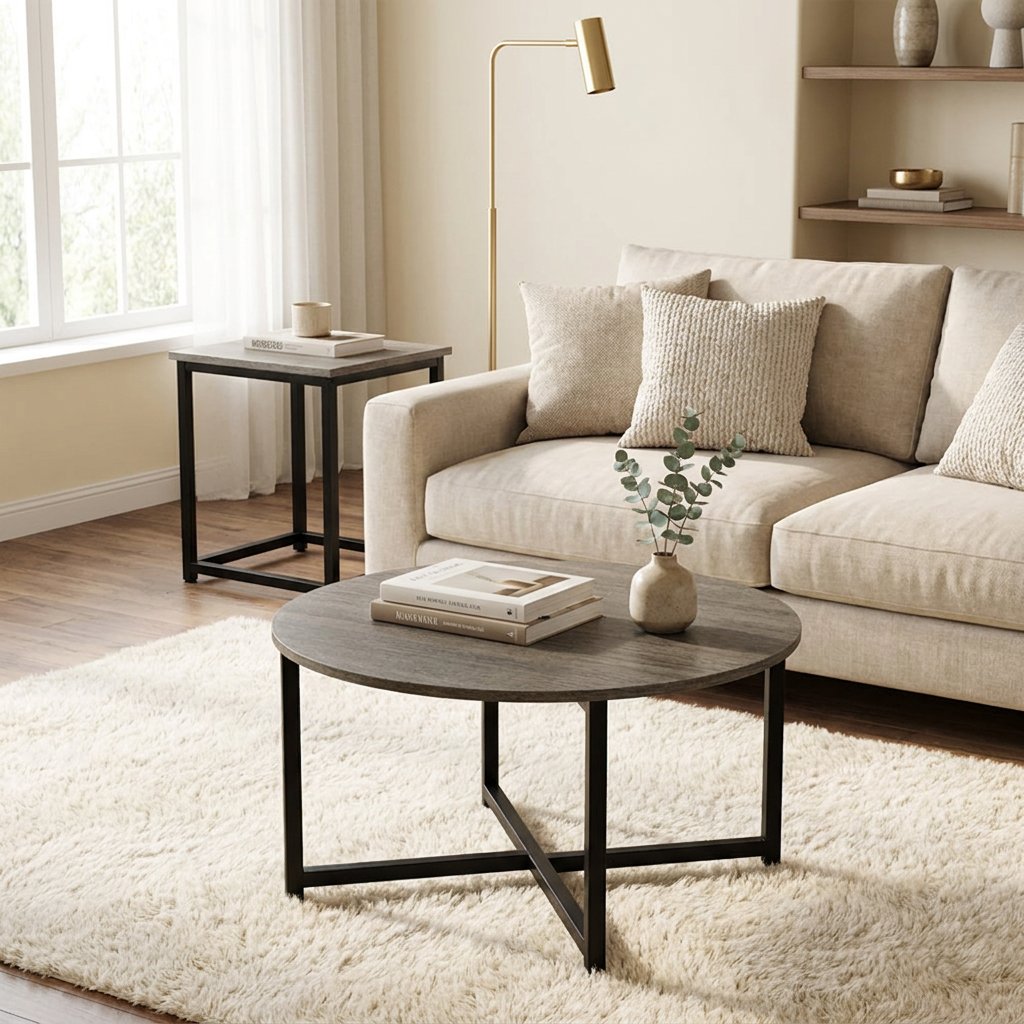 3-Piece Coffee and End Table Set, Round and Square styled in a warm modern interior
