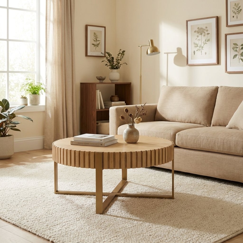 Modern Drum Coffee Table, Natural Ash, 31.5 in Round styled in a warm modern interior