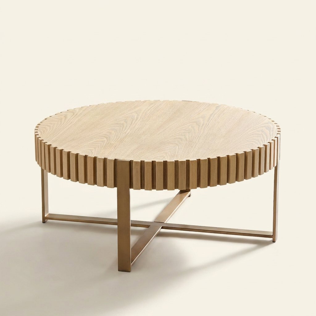 Modern Drum Coffee Table, Natural Ash, 31.5 in Round on a warm cream background