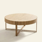 Modern Drum Coffee Table, Natural Ash, 31.5 in Round on a warm cream background