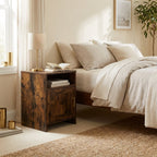 Mid-Century Nightstand Set of 2, Storage Drawer and Open Shelf styled in a warm modern interior