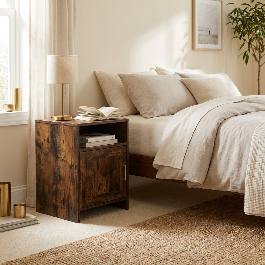 Mid-Century Nightstand Set of 2, Storage Drawer and Open Shelf styled in a warm modern interior