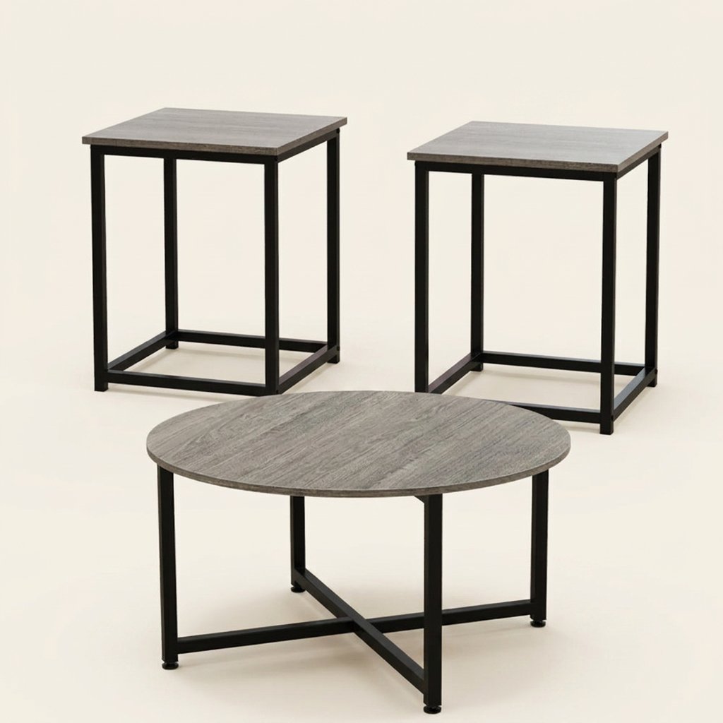 3-Piece Coffee and End Table Set, Round and Square on a warm cream background