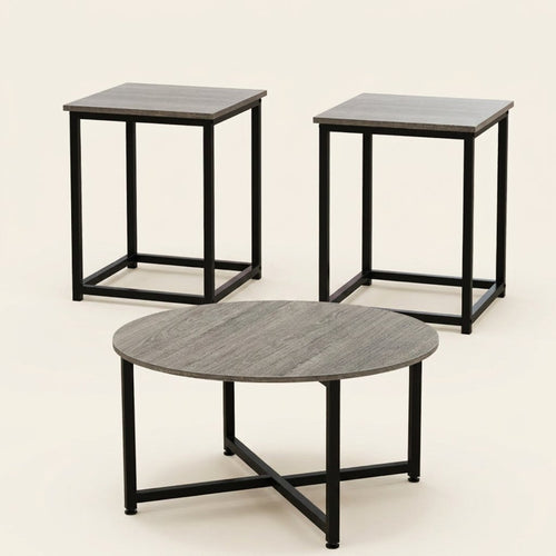 3-Piece Coffee and End Table Set, Round and Square on a warm cream background