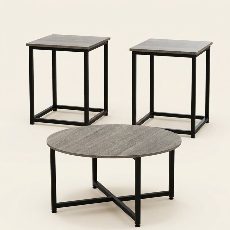 3-Piece Coffee and End Table Set, Round and Square on a warm cream background