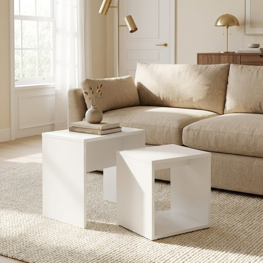Natural Wood Coffee Table Set, 48 in styled in a warm modern interior