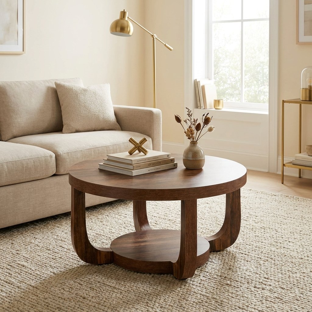 Two-Tier Round Center Table, Curved Modern Silhouette styled in a warm modern interior