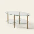 Three-Tier Oval Glass Coffee Table with Oak Legs on a warm cream background