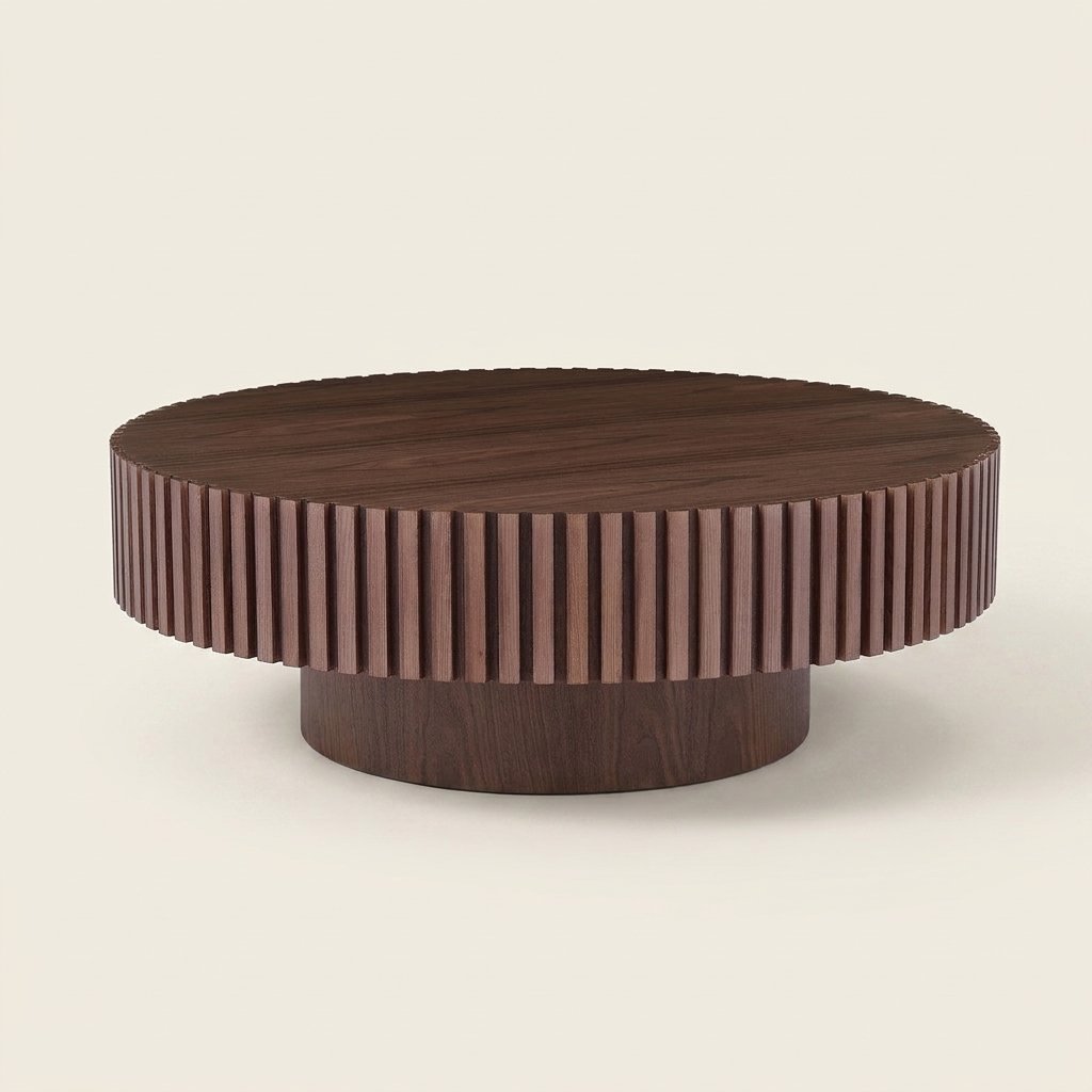 Round Pedestal Coffee Table, Walnut, 31.5 in on a warm cream background