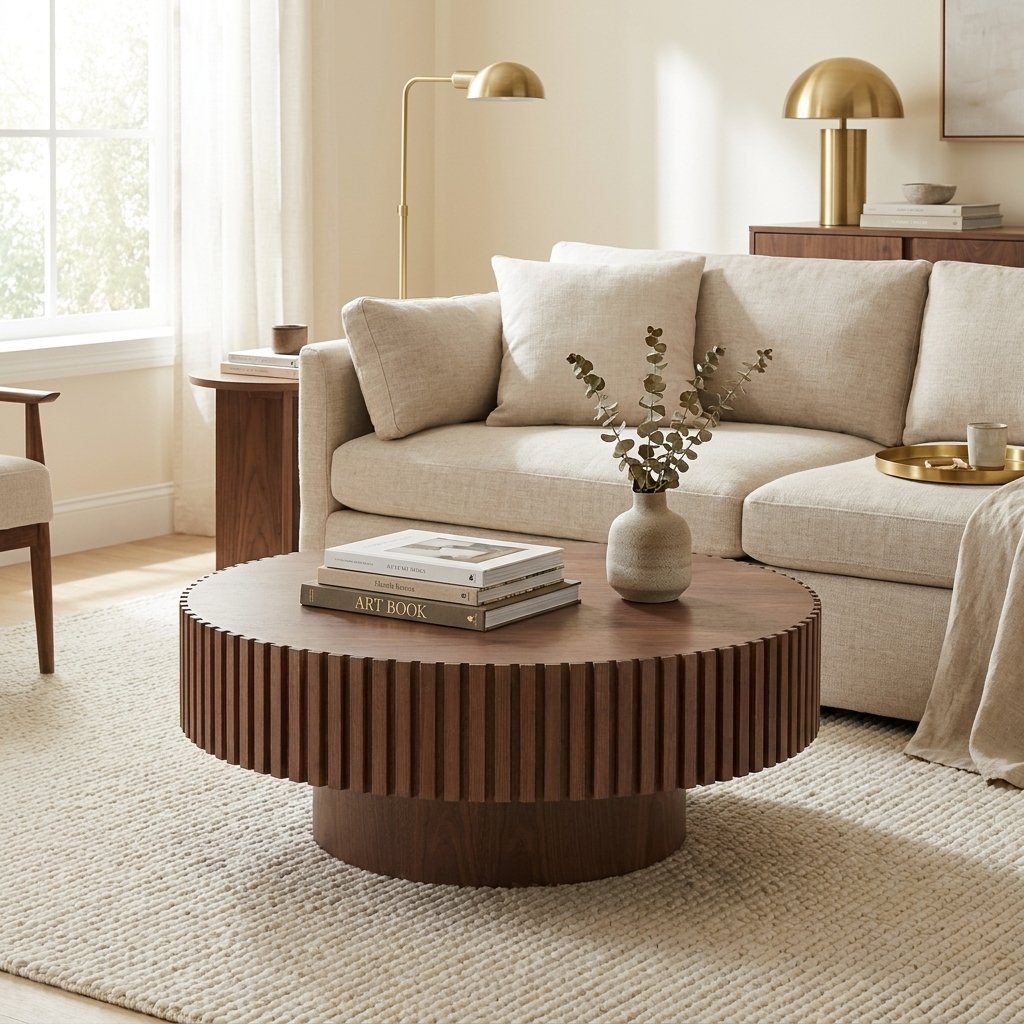 Round Pedestal Coffee Table, Walnut, 31.5 in styled in a warm modern interior