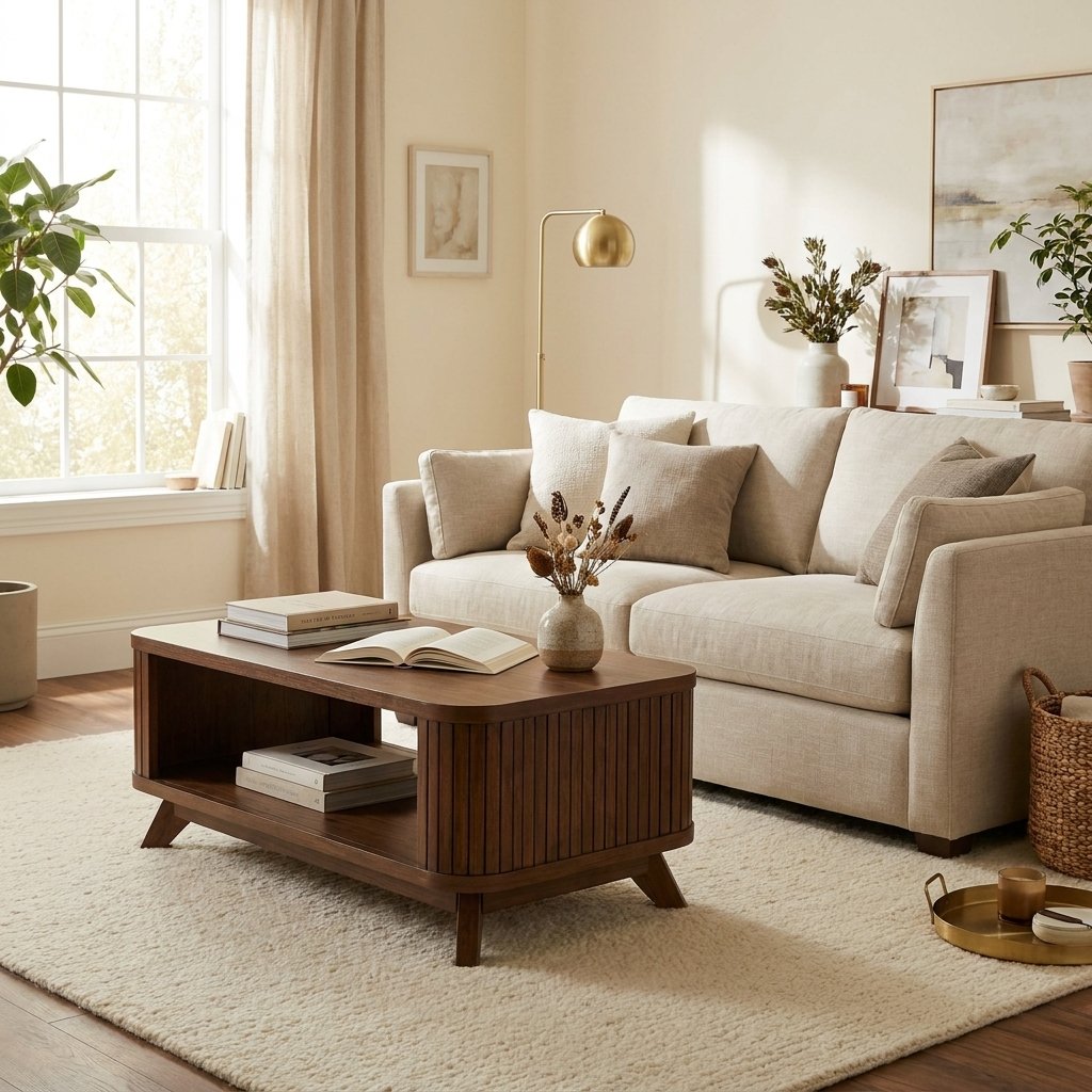 Rectangular Wood Coffee Table, Natural Grain styled in a warm modern interior