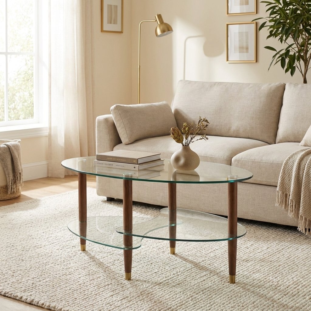 Three-Tier Oval Glass Coffee Table with Oak Legs styled in a warm modern interior