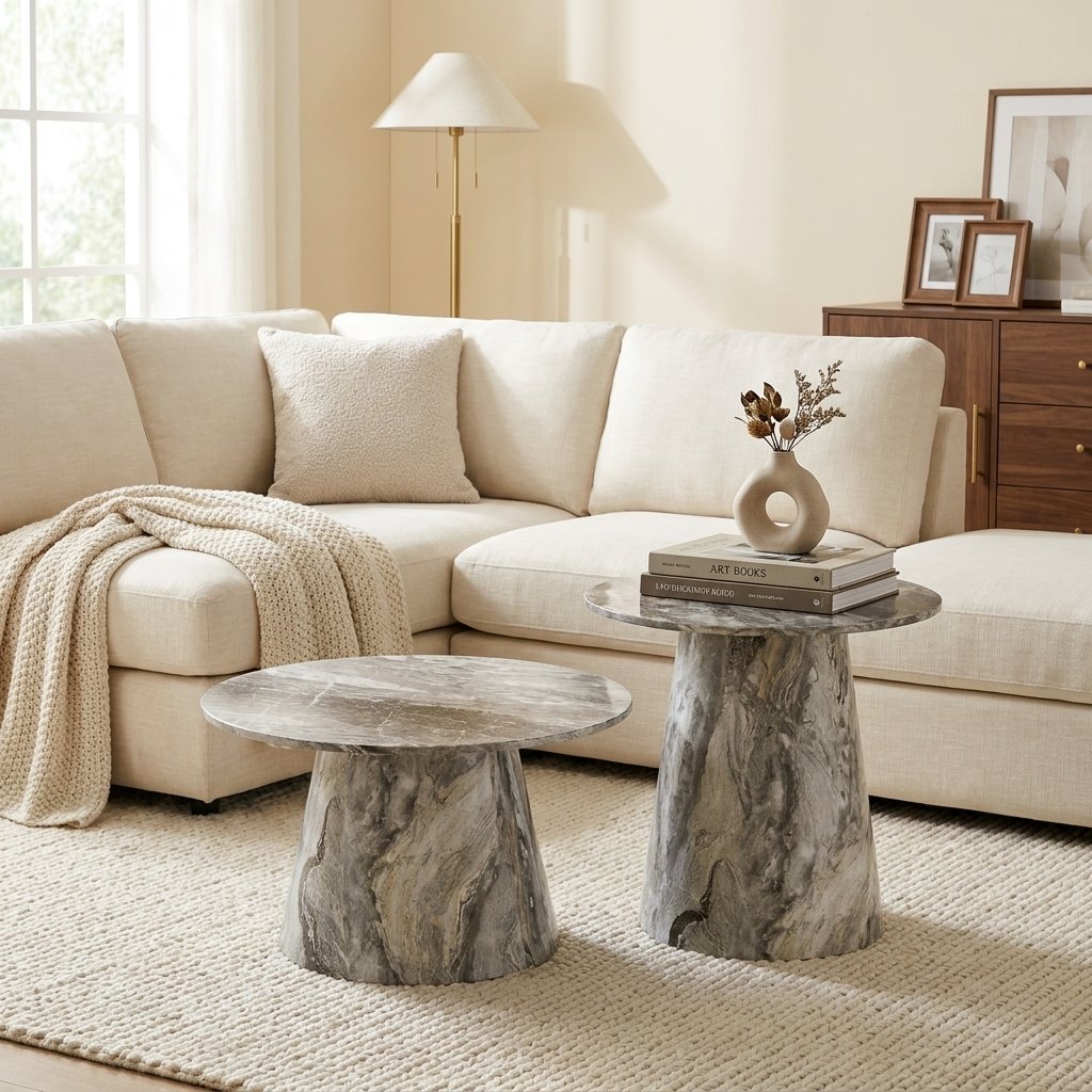 Nested Round Coffee Table Set, Grey Veneer styled in a warm modern interior