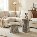 Nested Round Coffee Table Set, Grey Veneer styled in a warm modern interior