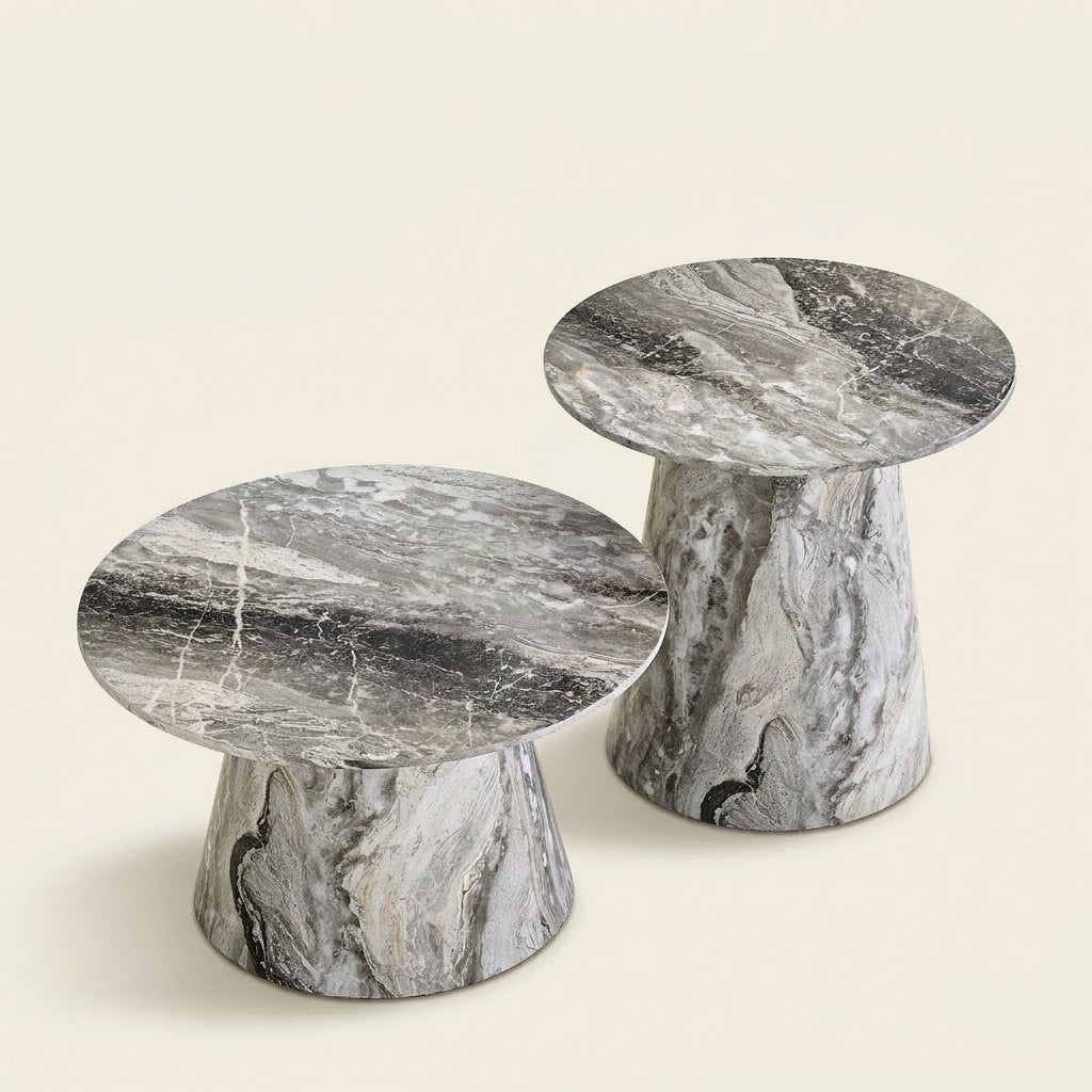 Nested Round Coffee Table Set, Grey Veneer on a warm cream background