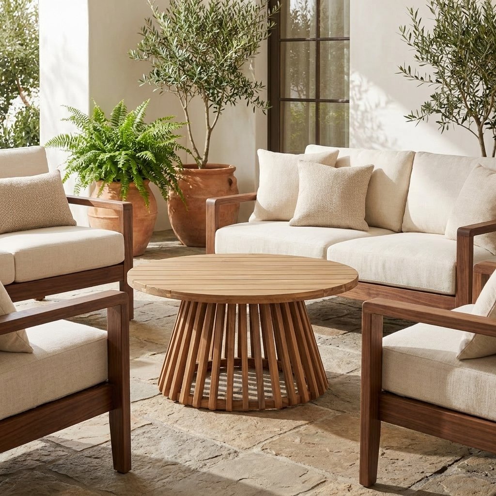 Acacia Wood Outdoor Coffee Table styled in a warm modern interior
