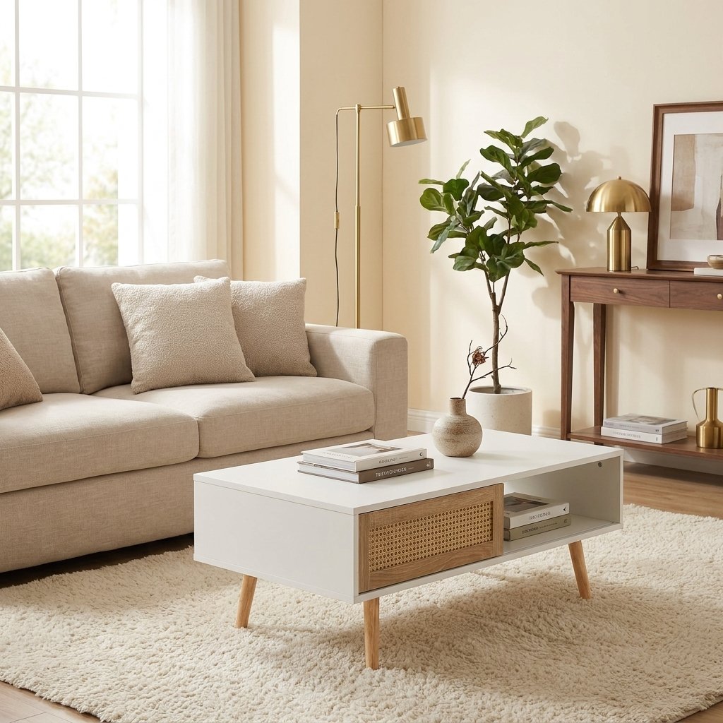 Round Rattan Coffee Table, 41 in styled in a warm modern interior