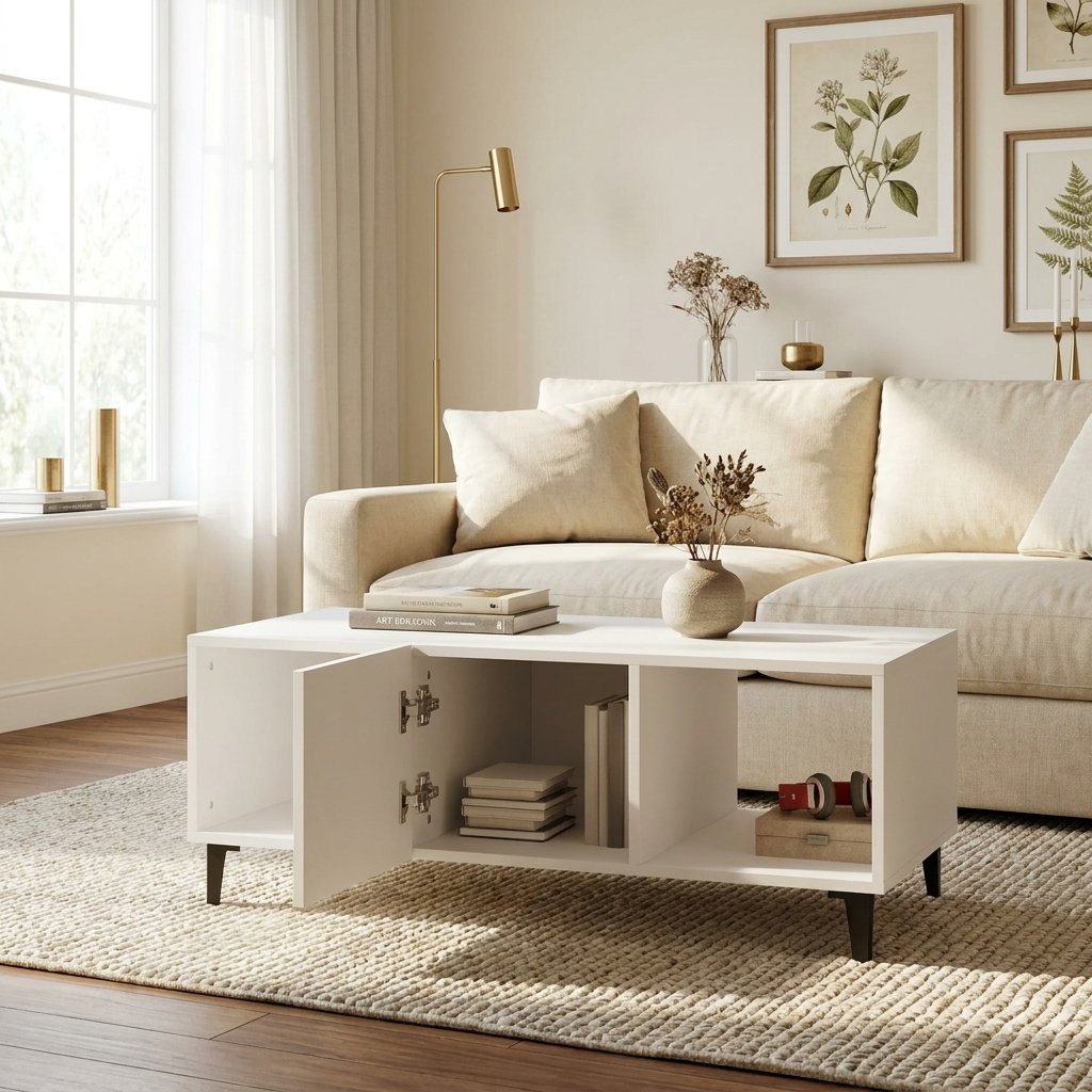 Natural Wood Coffee Table, 40 in styled in a warm modern interior