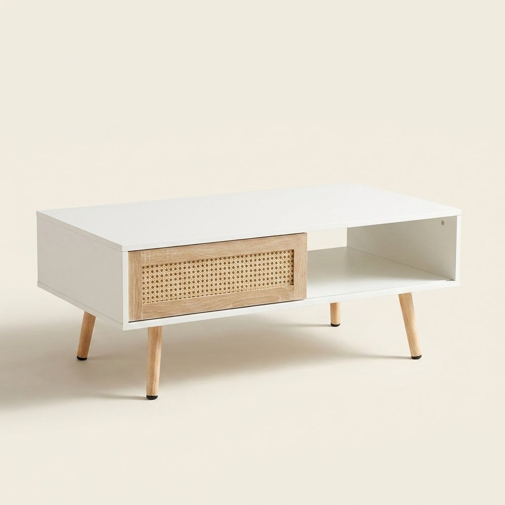 Round Rattan Coffee Table, 41 in on a warm cream background