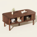 Scandinavian Coffee Table with Roller Door, Walnut Finish on a warm cream background