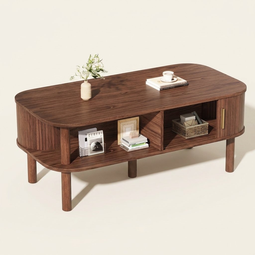 Scandinavian Coffee Table with Roller Door, Walnut Finish on a warm cream background